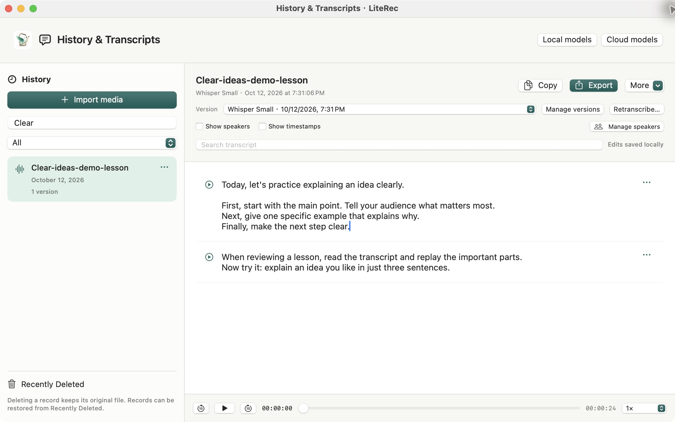 Actual LiteRec transcript editor showing reviewed demonstration text